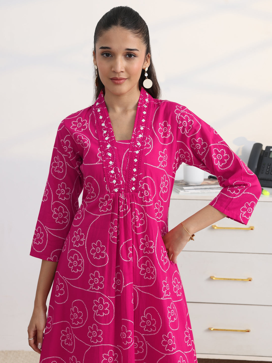  Pink Bandhani Printed Cotton Blend A-Line Suit Set With Dupatta 