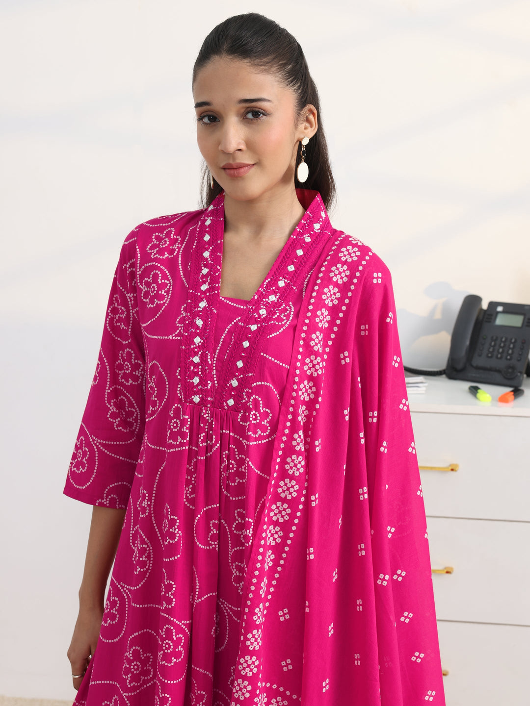  Pink Bandhani Printed Cotton Blend A-Line Suit Set With Dupatta 