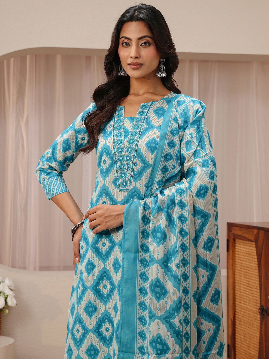  Blue Geometric Printed Cotton Blend Straight Suit Set 