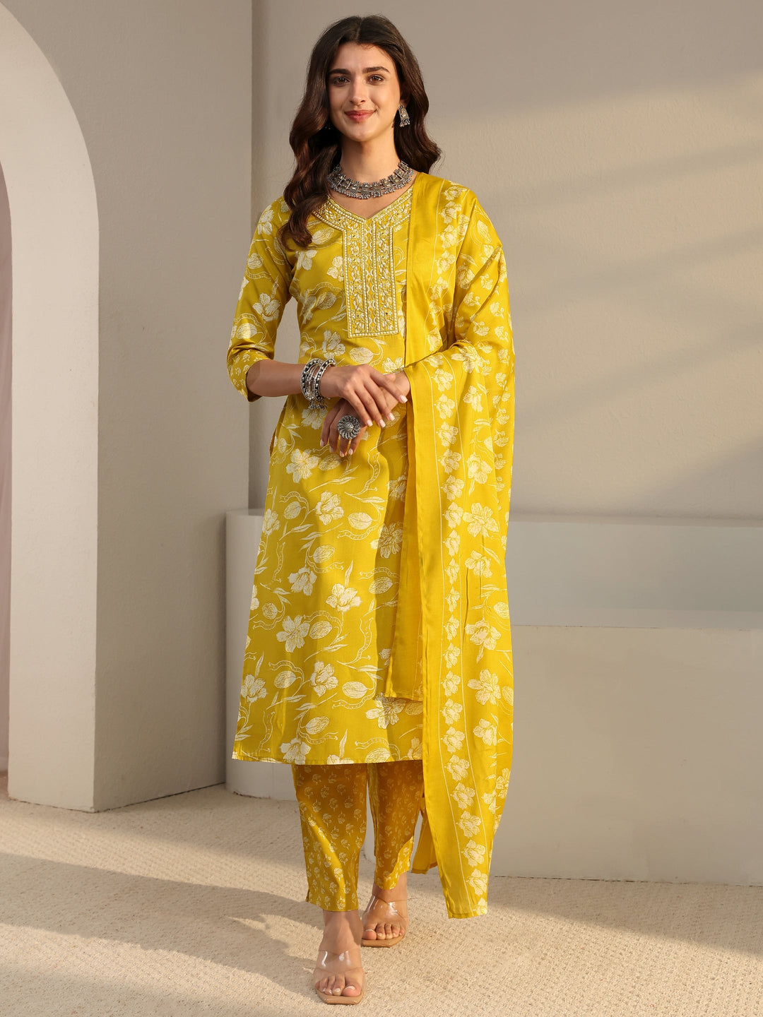  Yellow Floral Printed Cotton Blend Straight Suit Set With Dupatta 