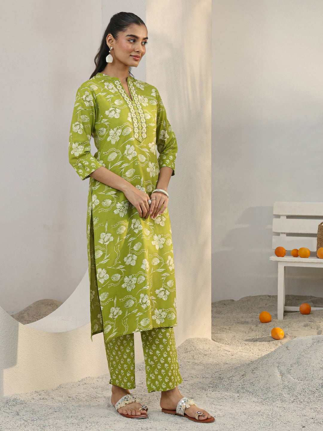  Green Floral Printed Cotton Blend Straight Suit Set With Dupatta 