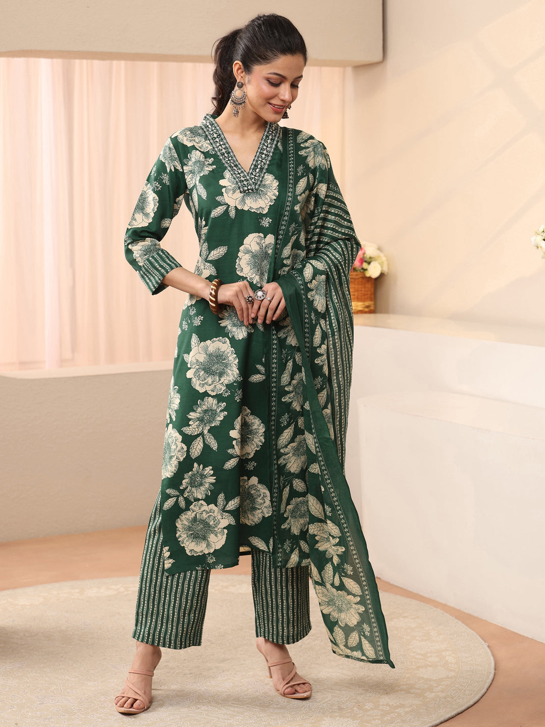  Green Floral Printed Cotton Blend Straight Suit Set 