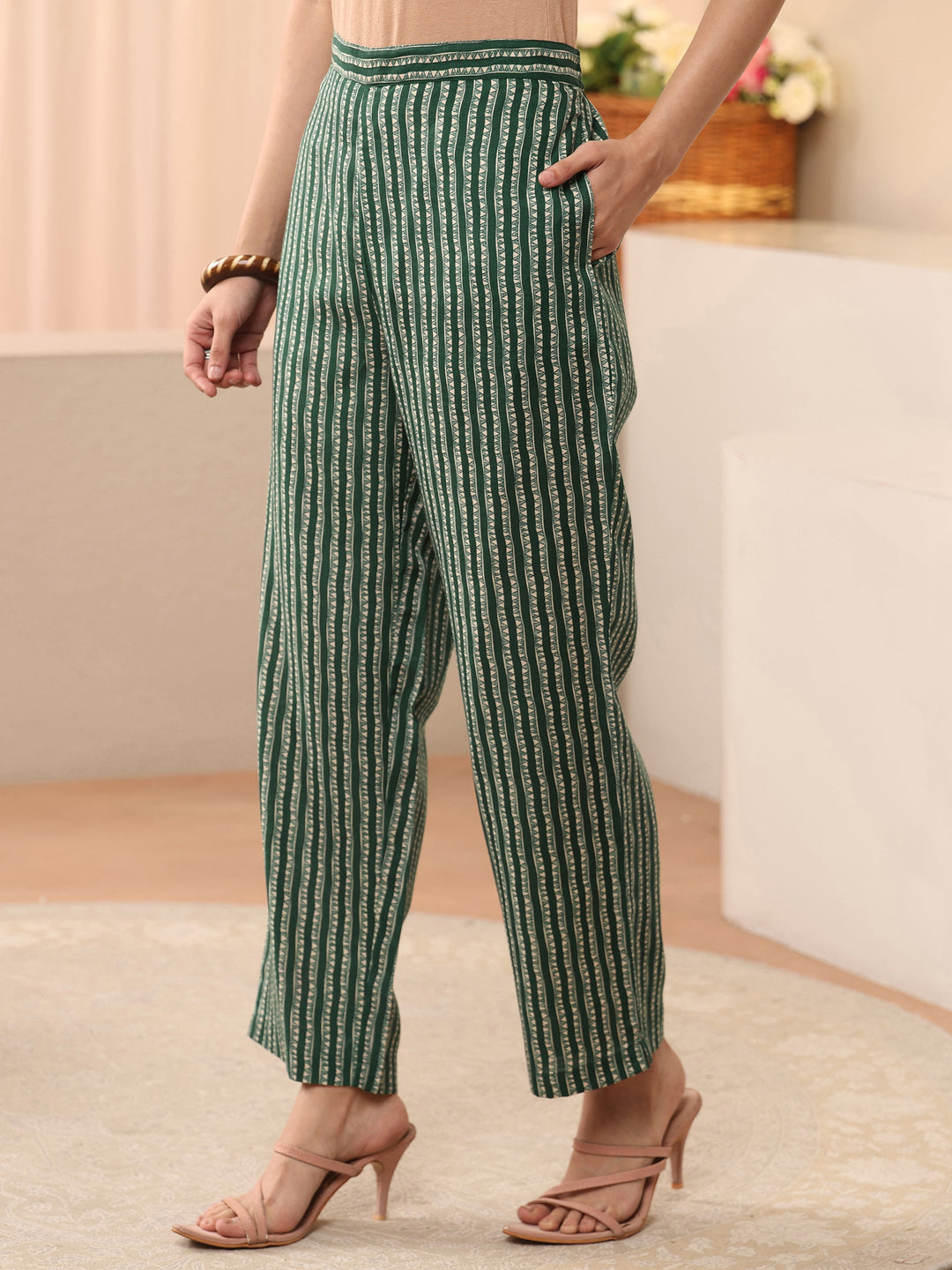  Green Floral Printed Cotton Blend Straight Suit Set 
