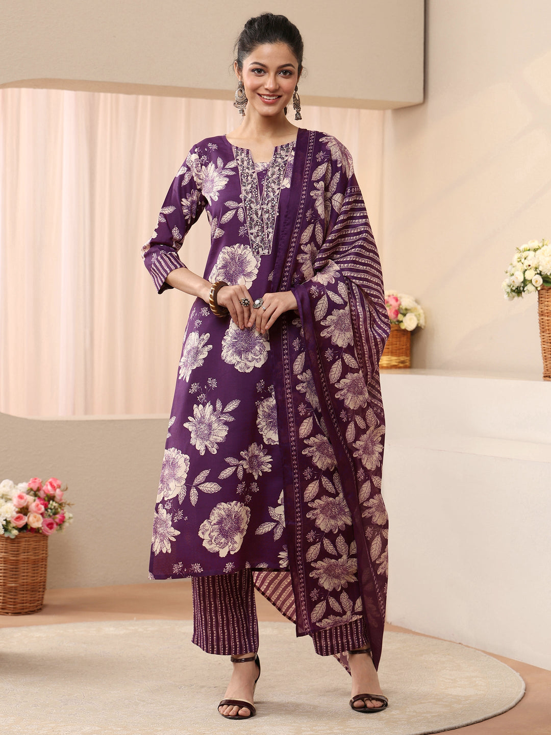  Purple Floral Printed Cotton Blend Straight Suit Set 