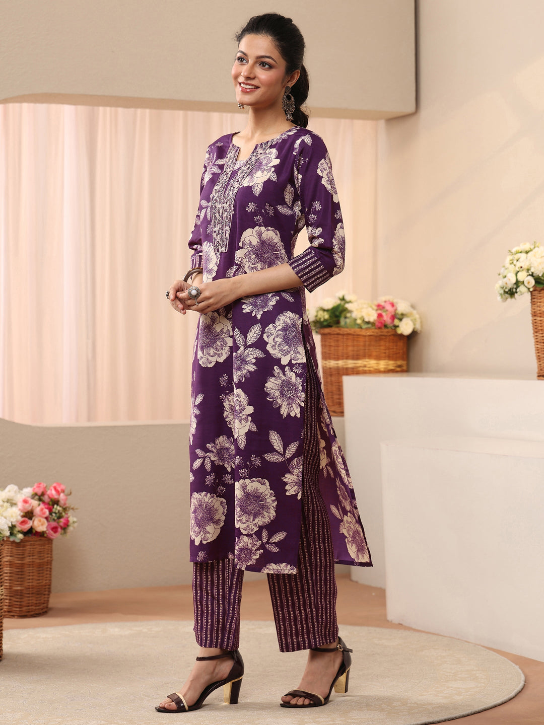  Purple Floral Printed Cotton Blend Straight Suit Set 