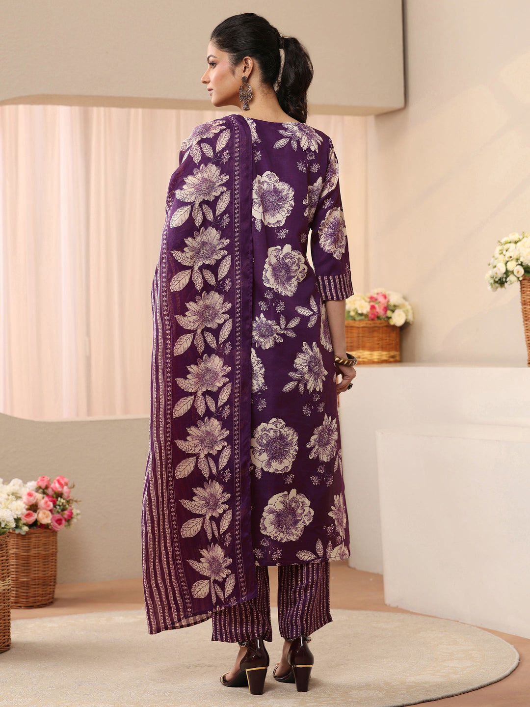  Purple Floral Printed Cotton Blend Straight Suit Set 
