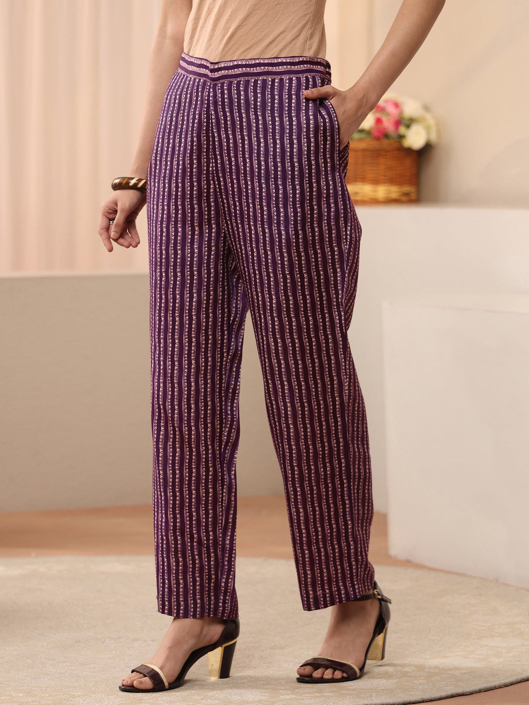  Purple Floral Printed Cotton Blend Straight Suit Set 
