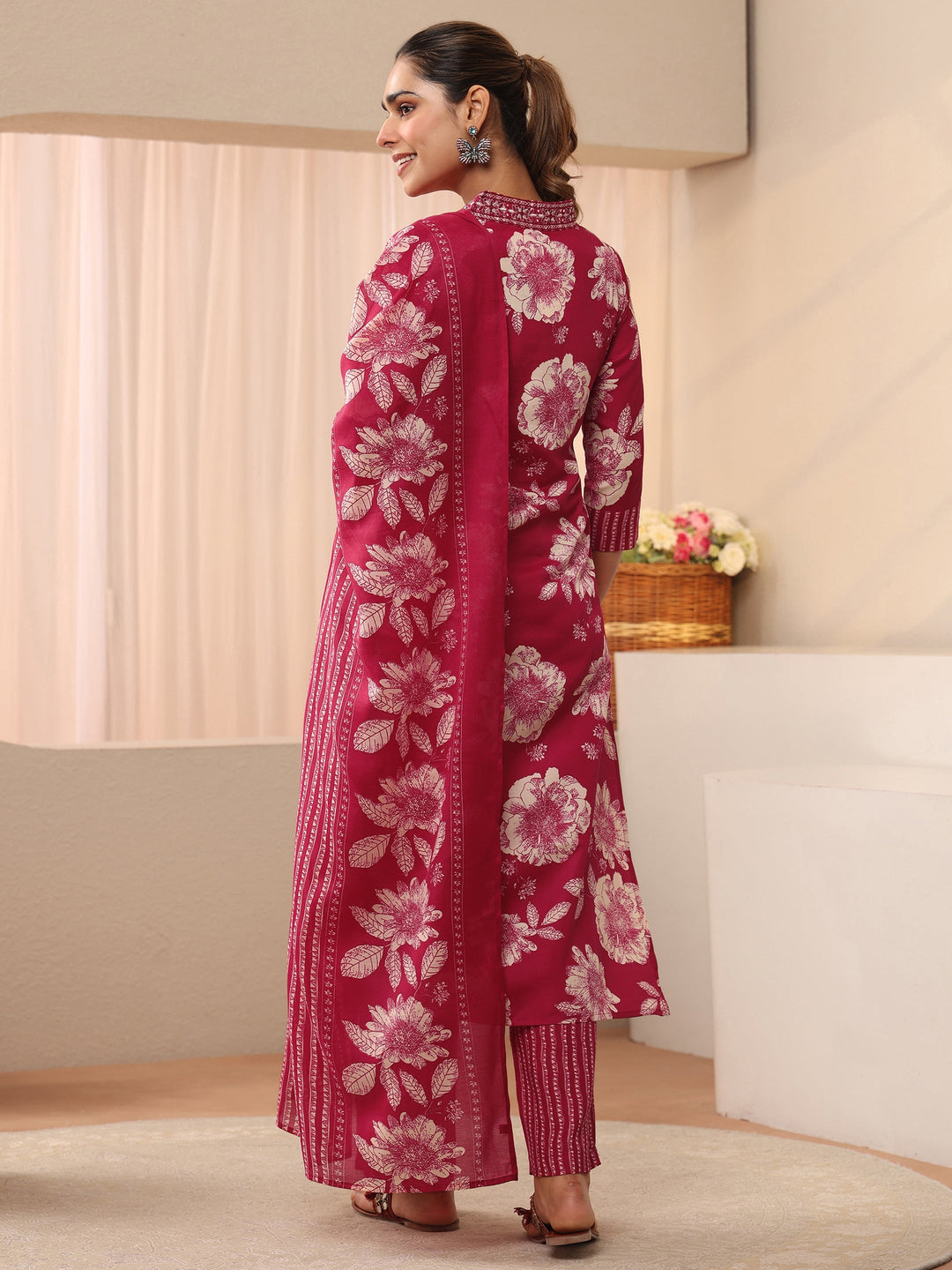  Pink Floral Printed Cotton Blend Straight Suit Set 