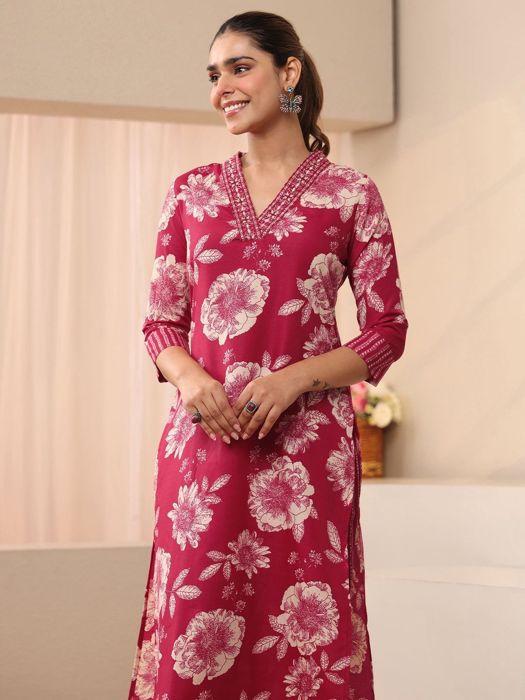  Pink Floral Printed Cotton Blend Straight Suit Set 
