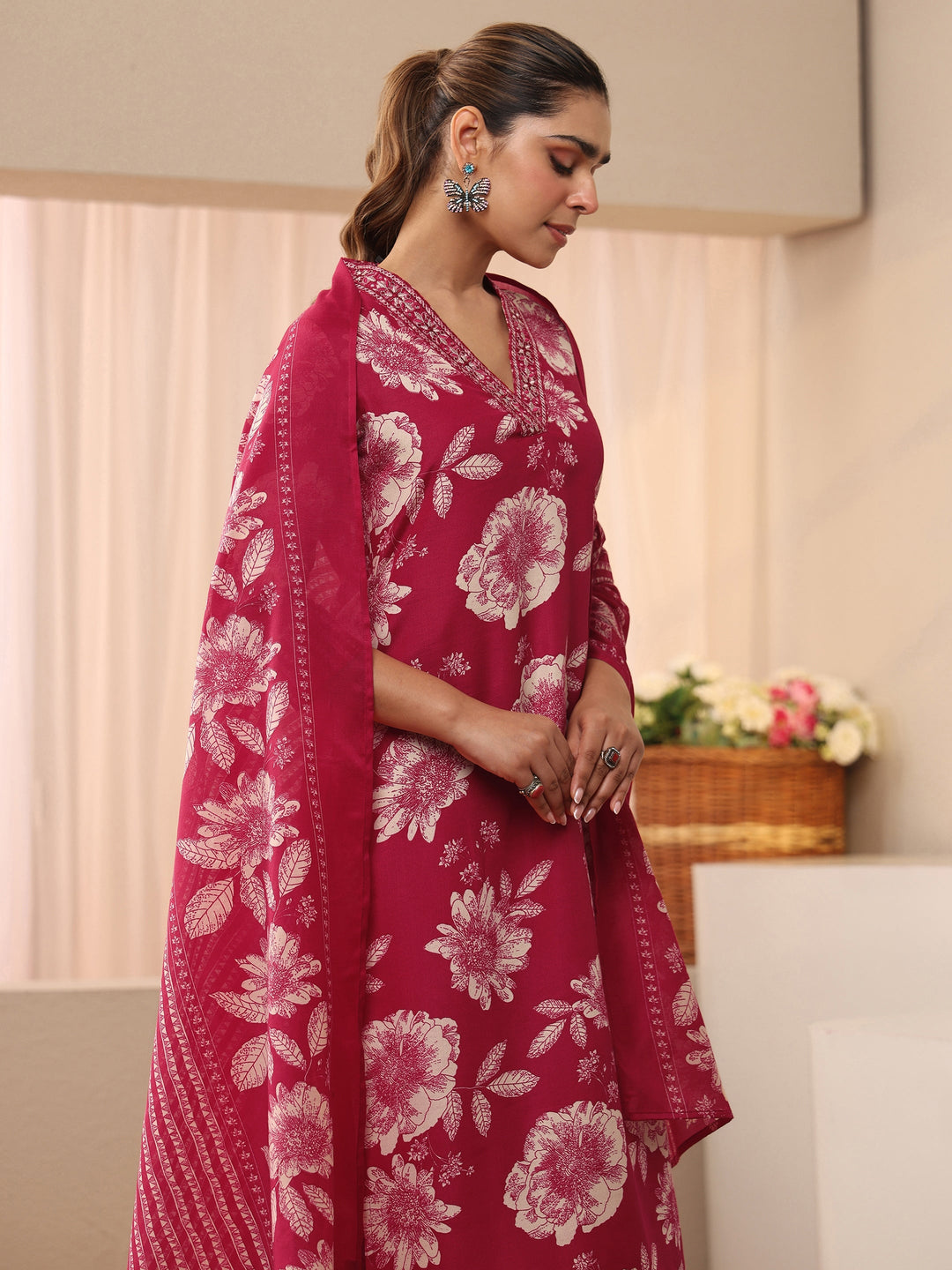  Pink Floral Printed Cotton Blend Straight Suit Set 