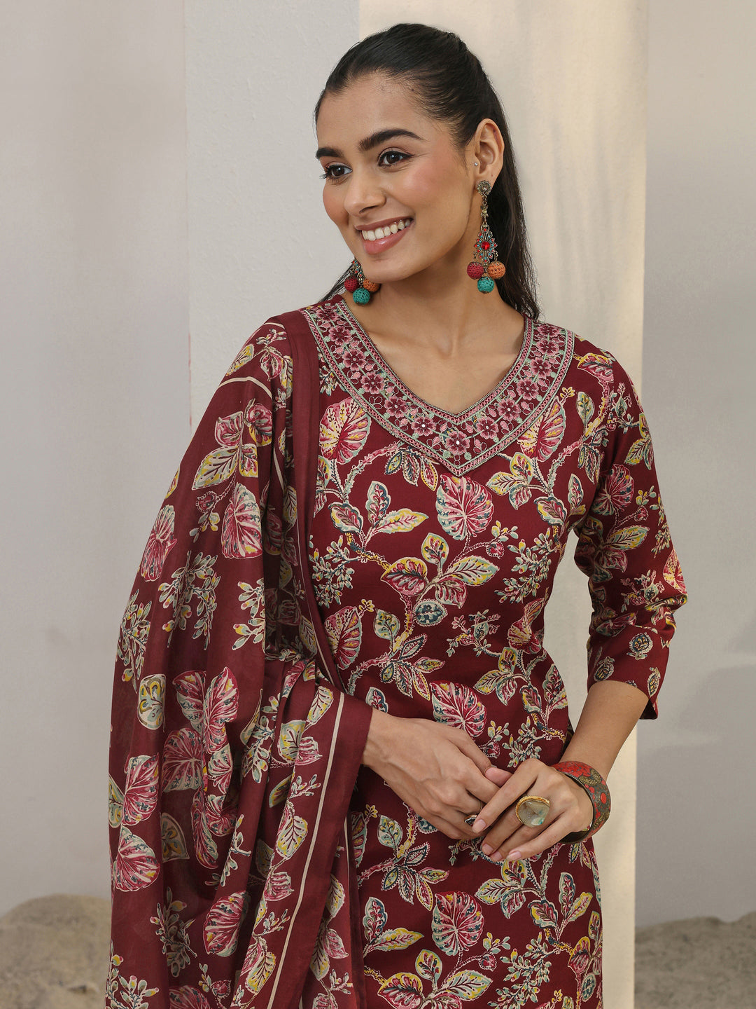  Maroon Floral Printed Cotton Blend Straight Suit Set With Dupatta 