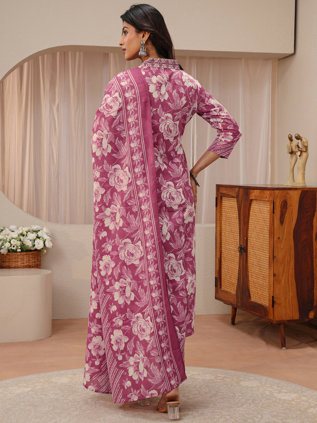  Pink Floral Printed Cotton Blend Straight Suit Set 