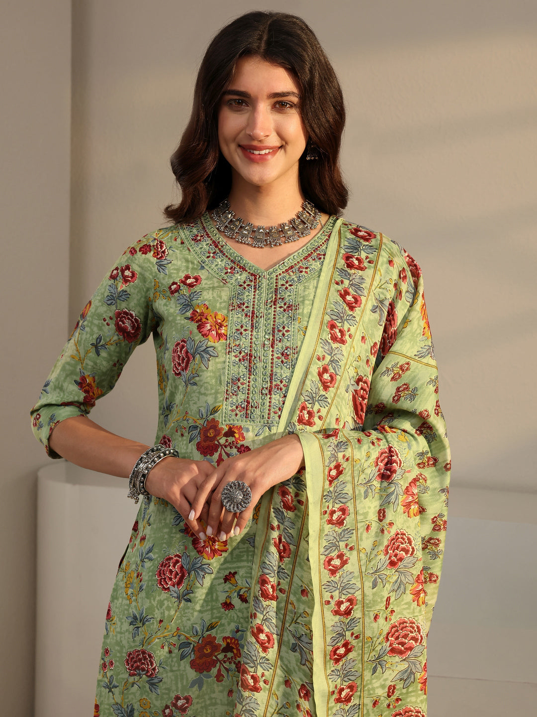  Green Floral Printed Cotton Blend Straight Suit Set With Dupatta 