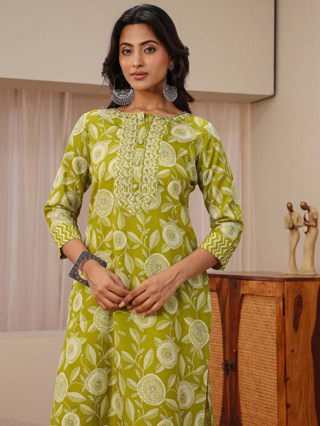  Green Floral Printed Cotton Blend Straight Suit Set 