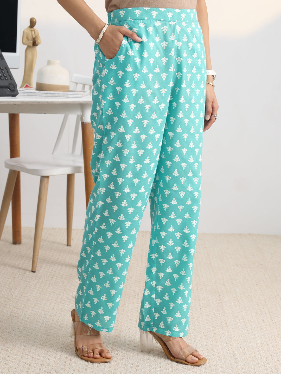  Blue Floral Printed Cotton Blend A-Line Suit Set With Dupatta 