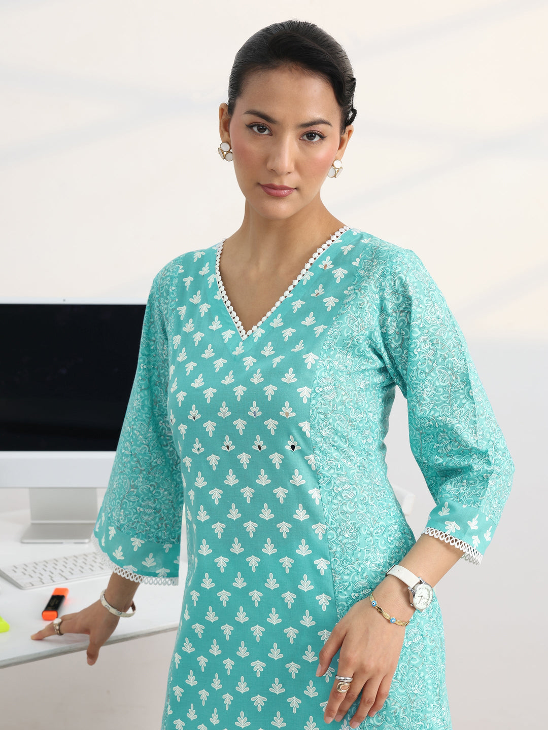  Blue Floral Printed Cotton Blend A-Line Suit Set With Dupatta 