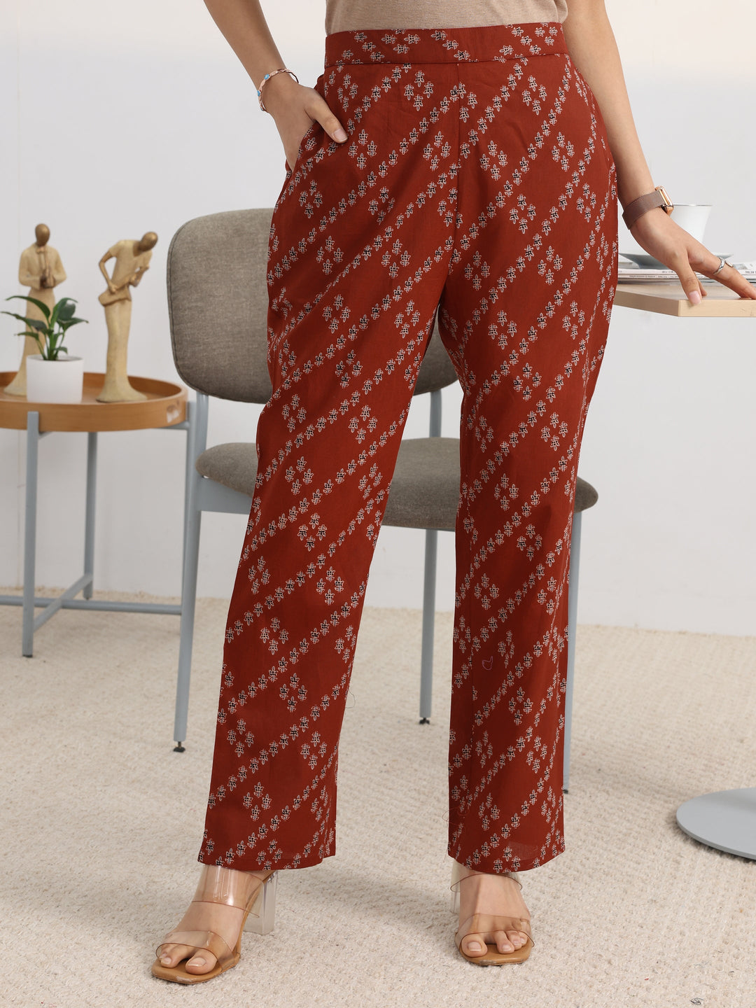 Rust Printed Cotton Blend A-Line Kurta Set 