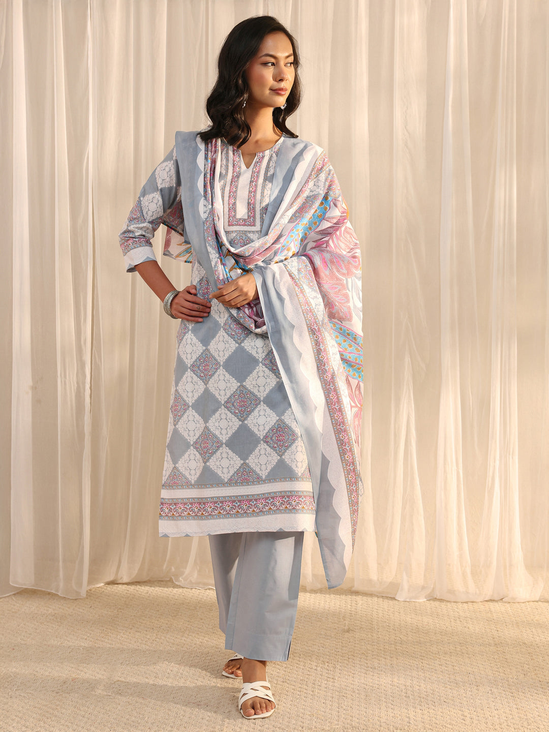  Grey Geometric Printed Cotton Blend Straight Suit Set With Dupatta 