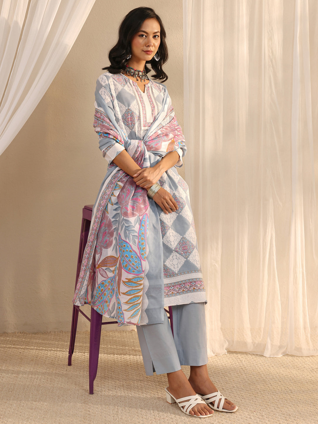 Grey Geometric Printed Cotton Blend Straight Suit Set With Dupatta 