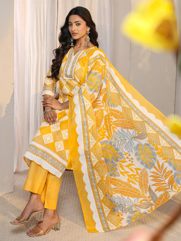 Gerua Yellow Geometric Printed Cotton Blend Straight Suit Set With Dupatta
