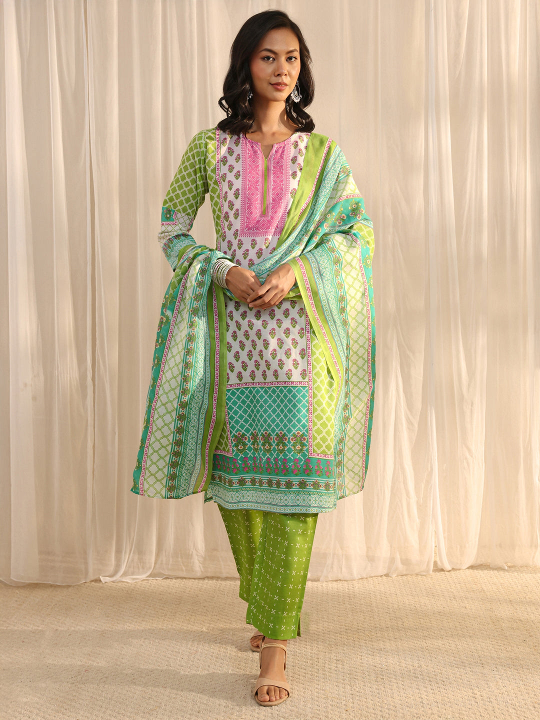  Green Multi Printed Cotton Blend Straight Suit Set With Dupatta 