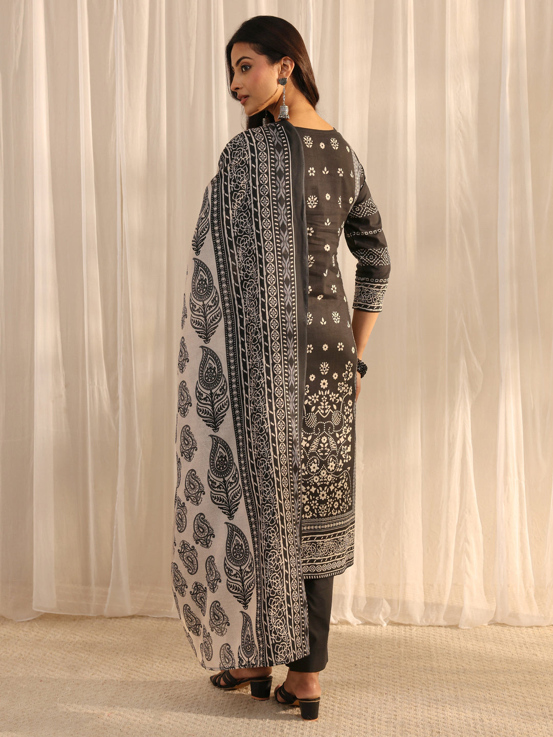 Black Ethnic Printed Cotton Blend Straight Suit Set With Dupatta 