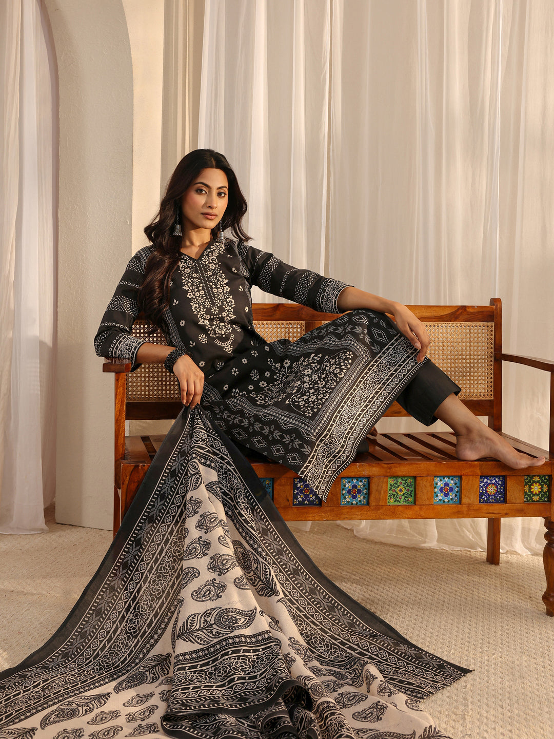  Black Ethnic Printed Cotton Blend Straight Suit Set With Dupatta 