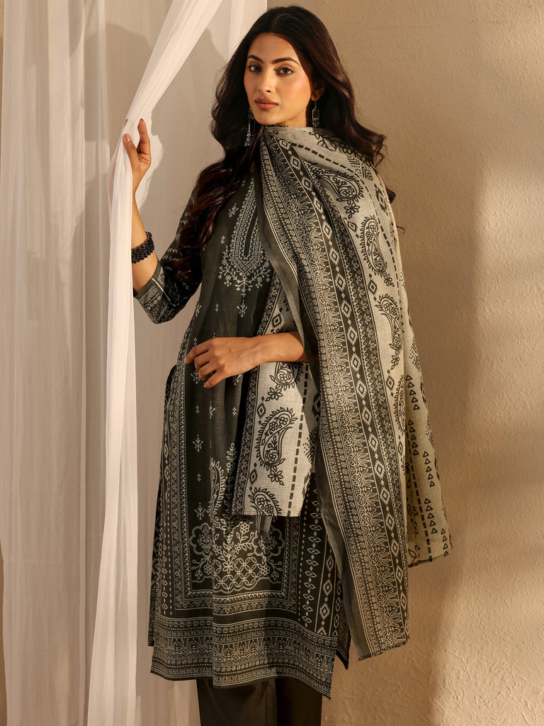 Gerua Grey Ethnic Printed Cotton Blend Straight Suit Set With Dupatta