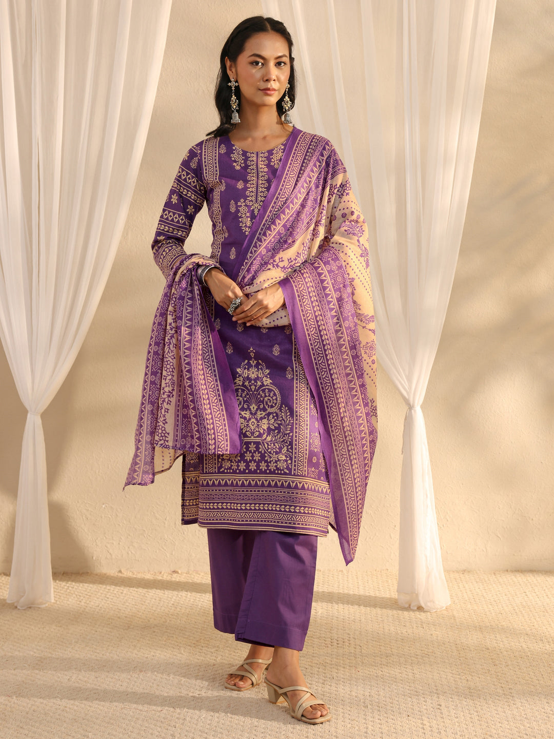  Purple Ethnic Motif Printed Cotton Blend Straight Suit Set With Dupatta 