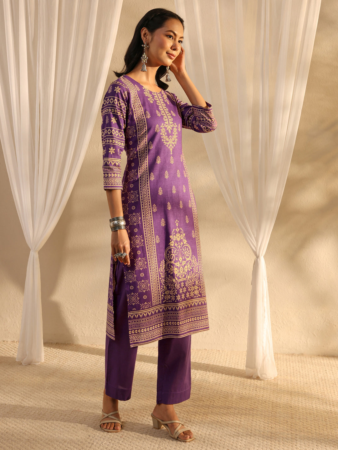  Purple Ethnic Motif Printed Cotton Blend Straight Suit Set With Dupatta 