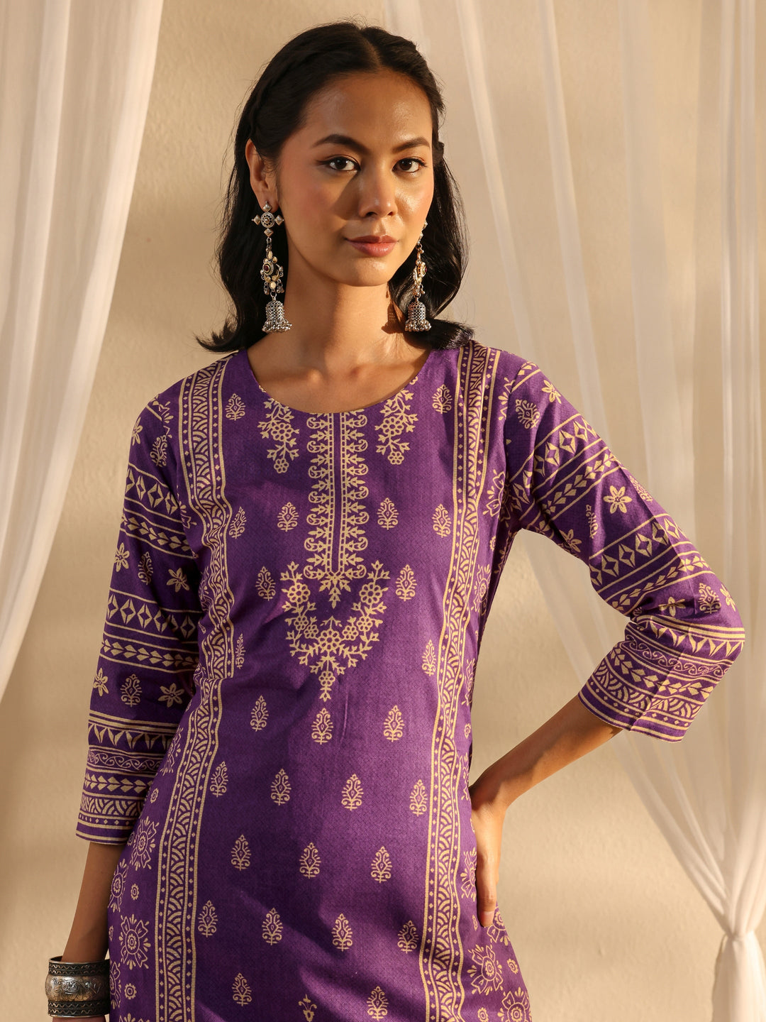  Purple Ethnic Motif Printed Cotton Blend Straight Suit Set With Dupatta 