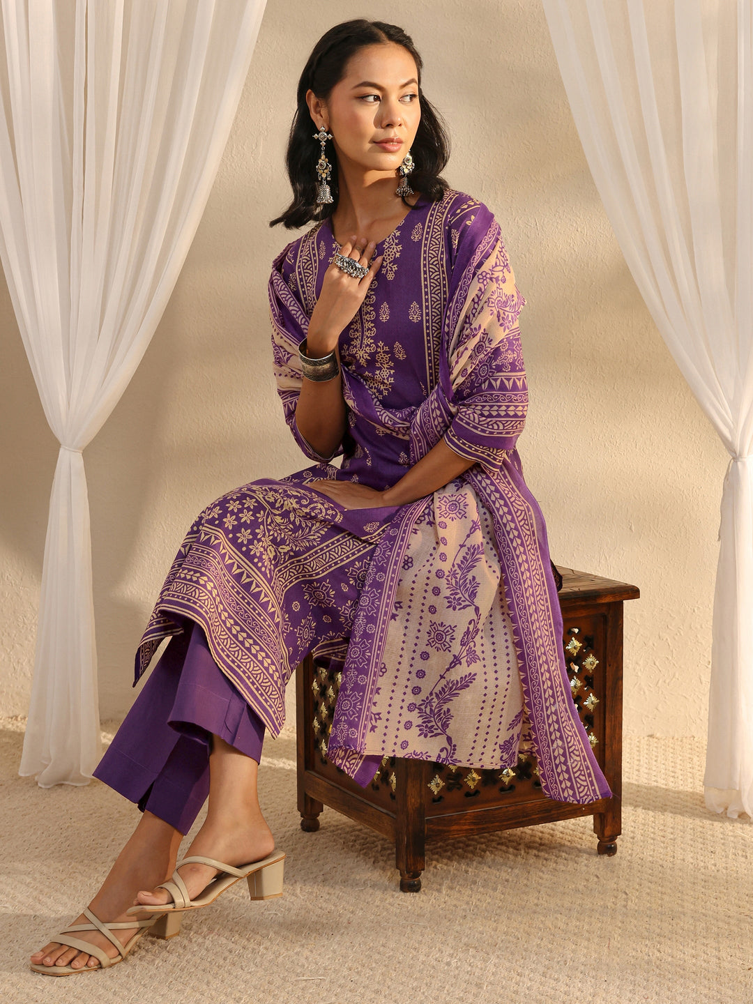  Purple Ethnic Motif Printed Cotton Blend Straight Suit Set With Dupatta 