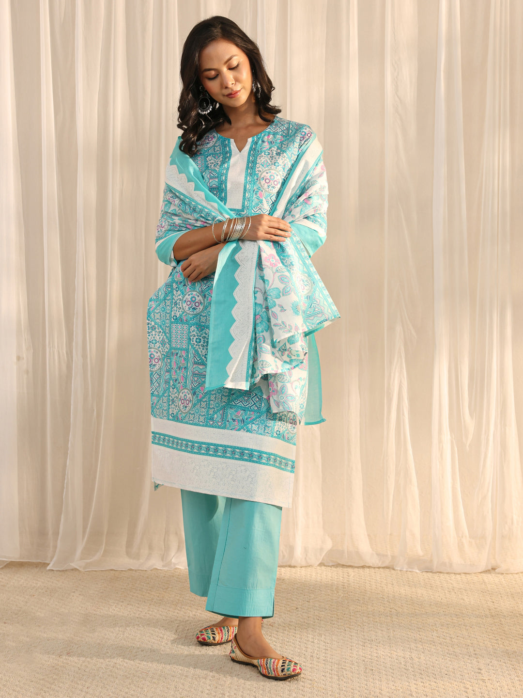  Blue Multi Printed Cotton Blend Straight Suit Set With Dupatta 