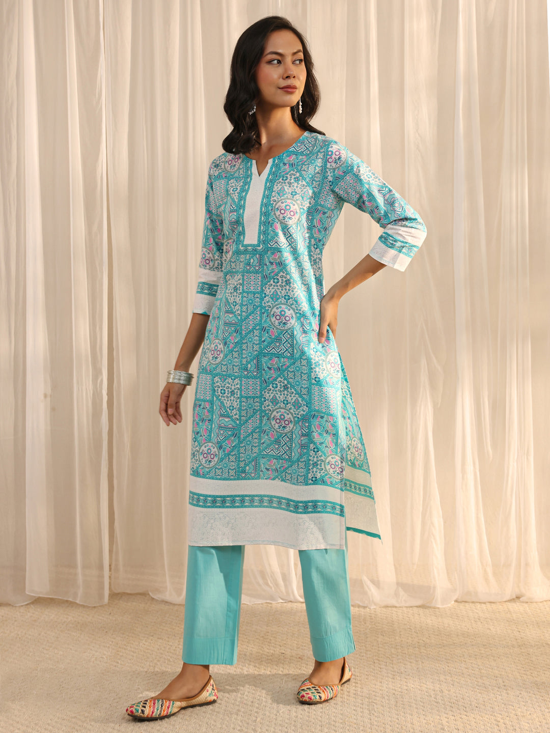  Blue Multi Printed Cotton Blend Straight Suit Set With Dupatta 