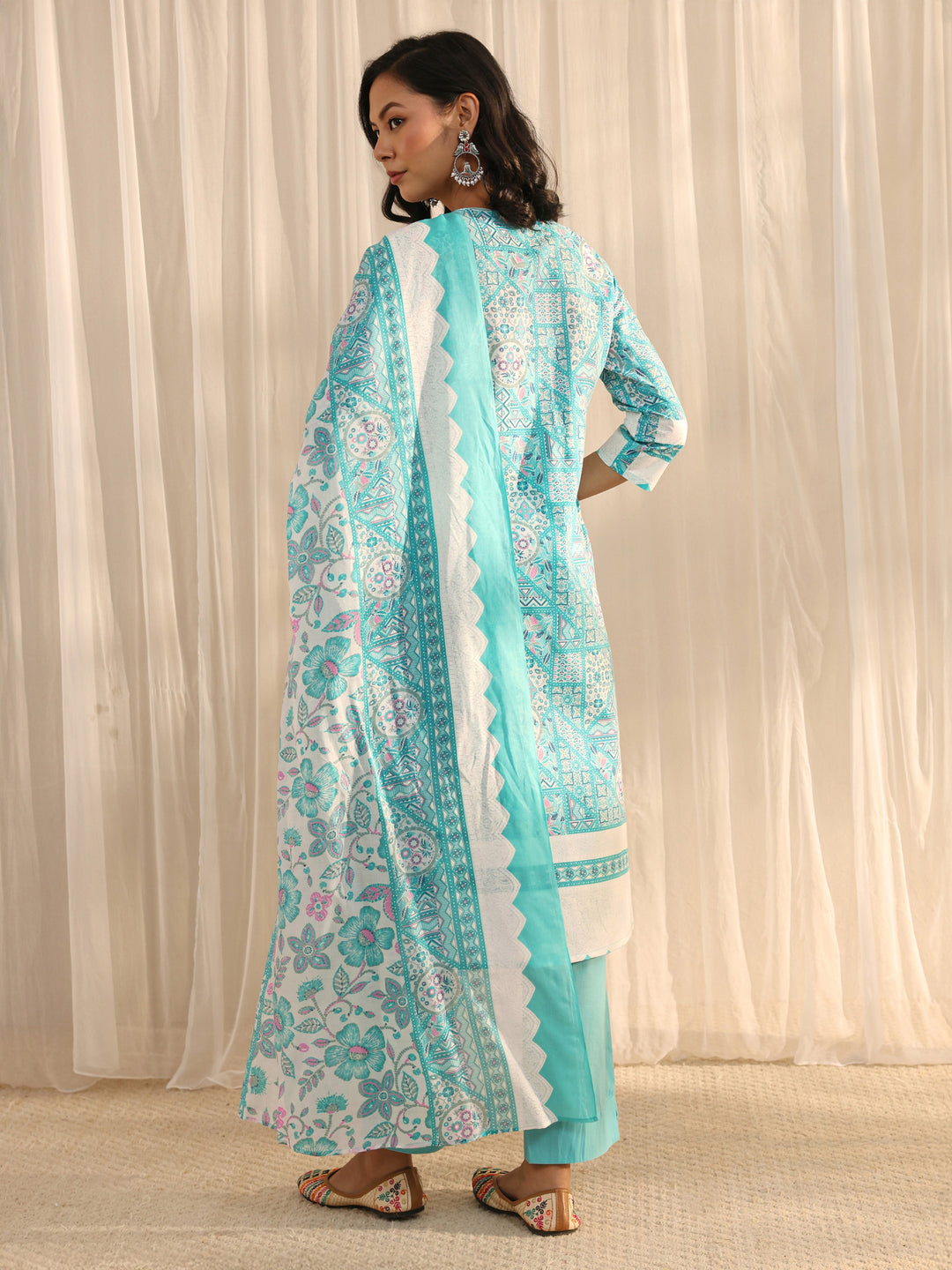  Blue Multi Printed Cotton Blend Straight Suit Set With Dupatta 