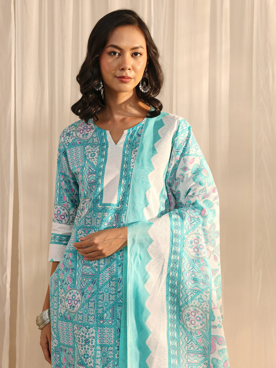  Blue Multi Printed Cotton Blend Straight Suit Set With Dupatta 