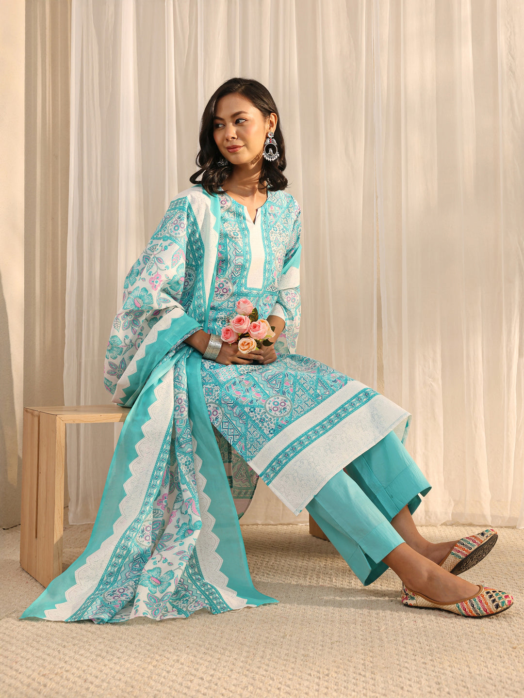  Blue Multi Printed Cotton Blend Straight Suit Set With Dupatta 
