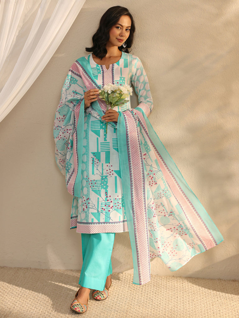 Gerua Blue Geometric Printed Cotton Blend Straight Suit Set With Dupatta