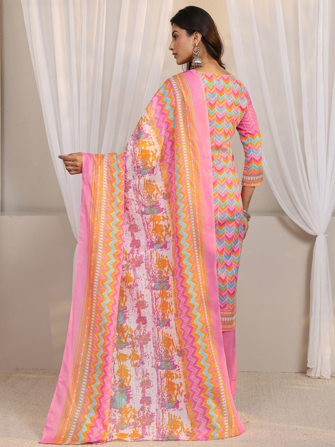  Pink Chevron Printed Cotton Blend Straight Suit Set With Dupatta 