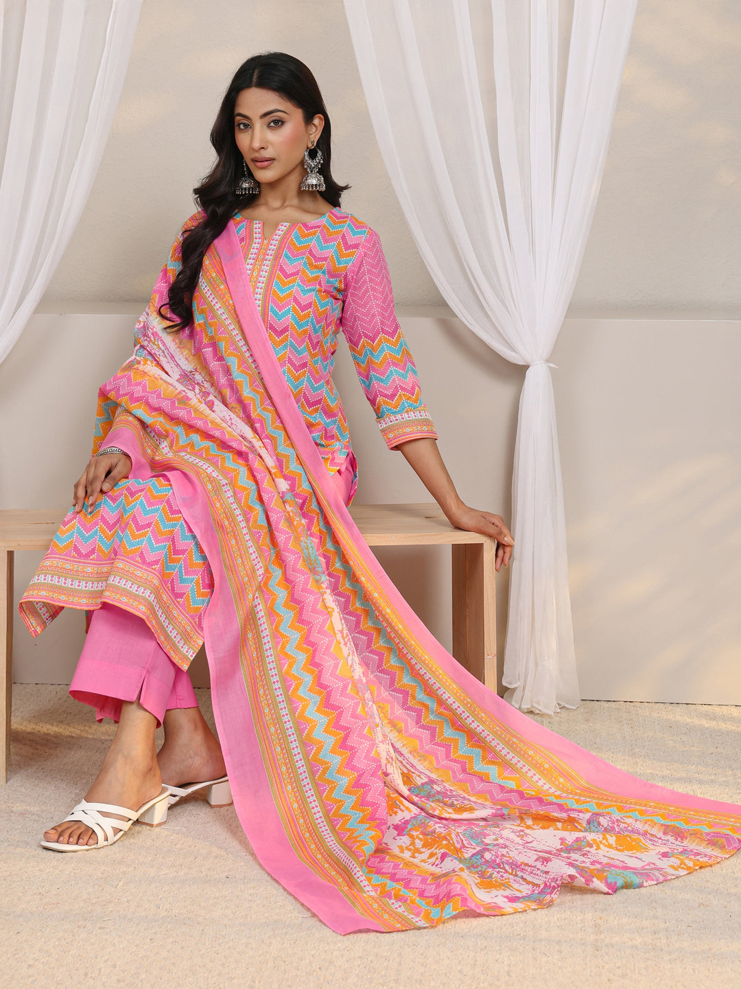  Pink Chevron Printed Cotton Blend Straight Suit Set With Dupatta 