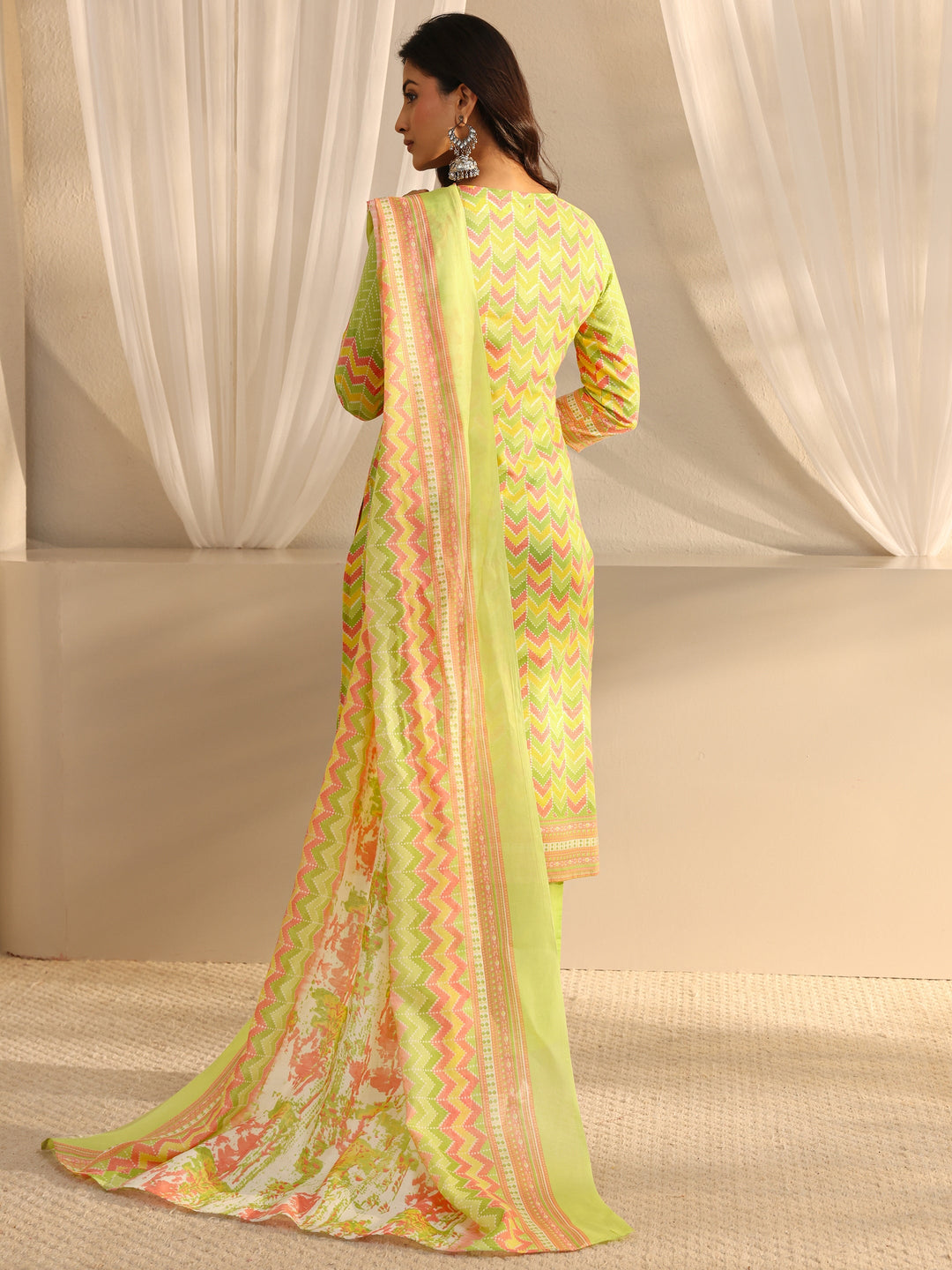  Green Chevron Printed Cotton Blend Straight Suit Set With Dupatta 