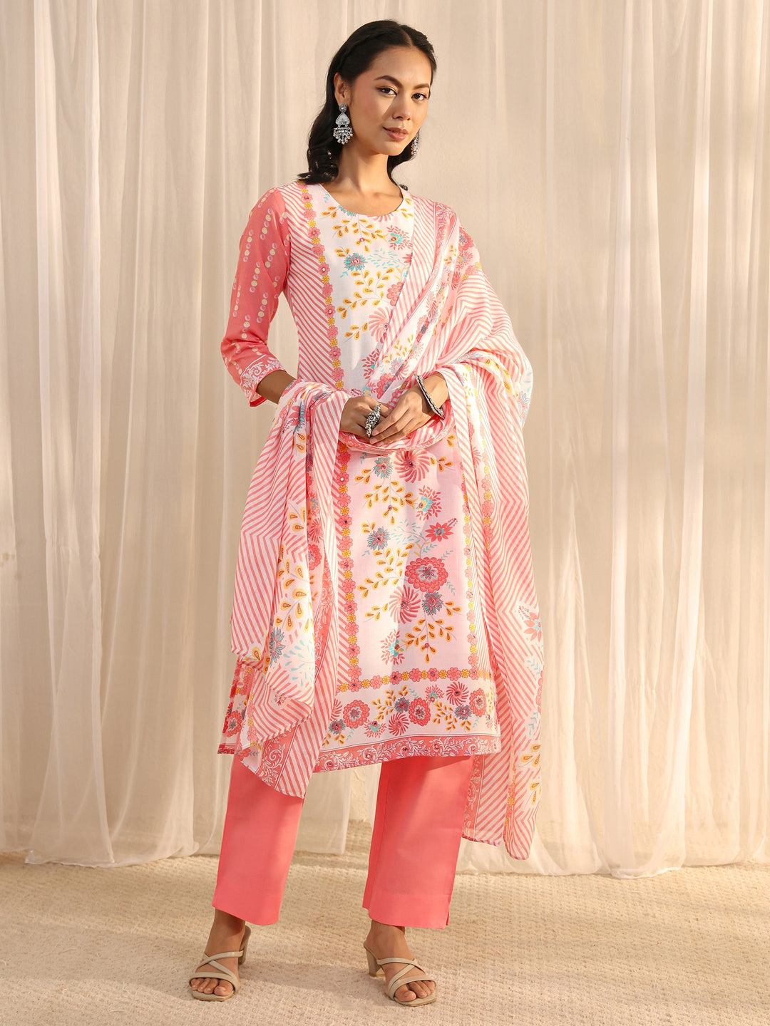  Peach Floral Printed Cotton Blend Straight Suit Set With Dupatta 