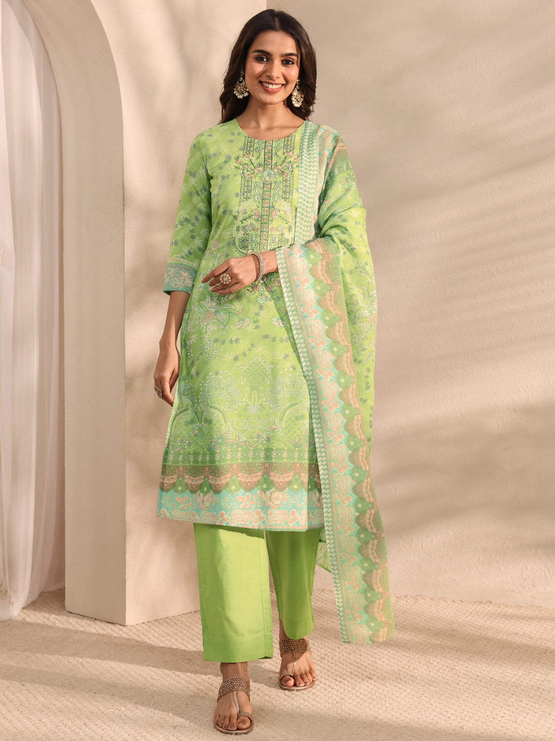  Green Floral Printed Cotton Blend Straight Suit Set With Dupatta 