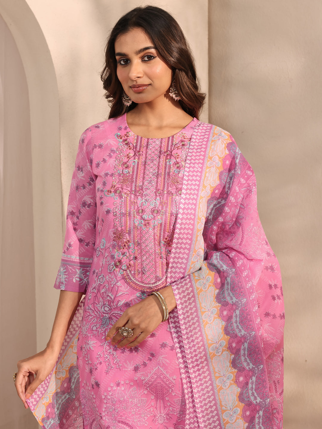  Pink Multi Printed Cotton Blend Straight Suit Set With Dupatta 