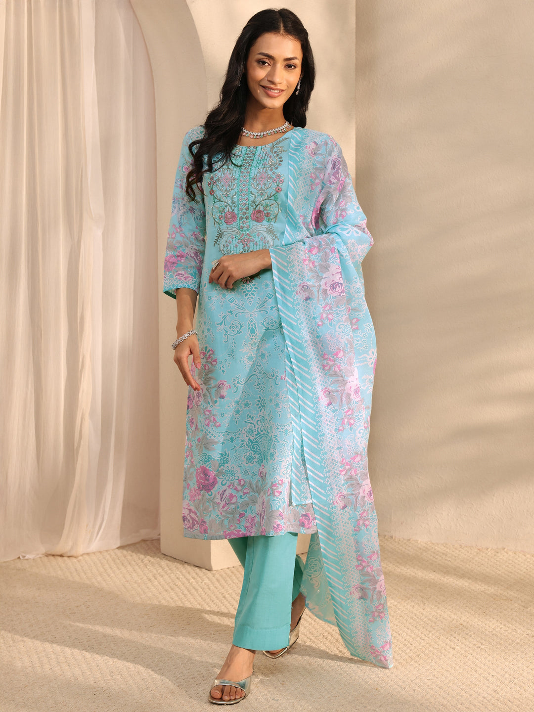  Blue Floral Printed Cotton Blend Straight Suit Set With Dupatta 