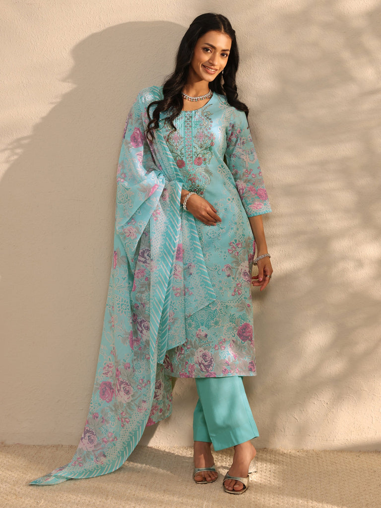 Gerua Blue Floral Printed Cotton Blend Straight Suit Set With Dupatta