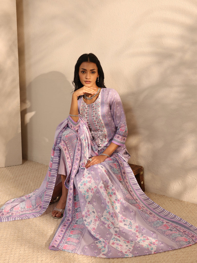 Gerua Lavender Multi Printed Cotton Blend Straight Suit Set With Dupatta