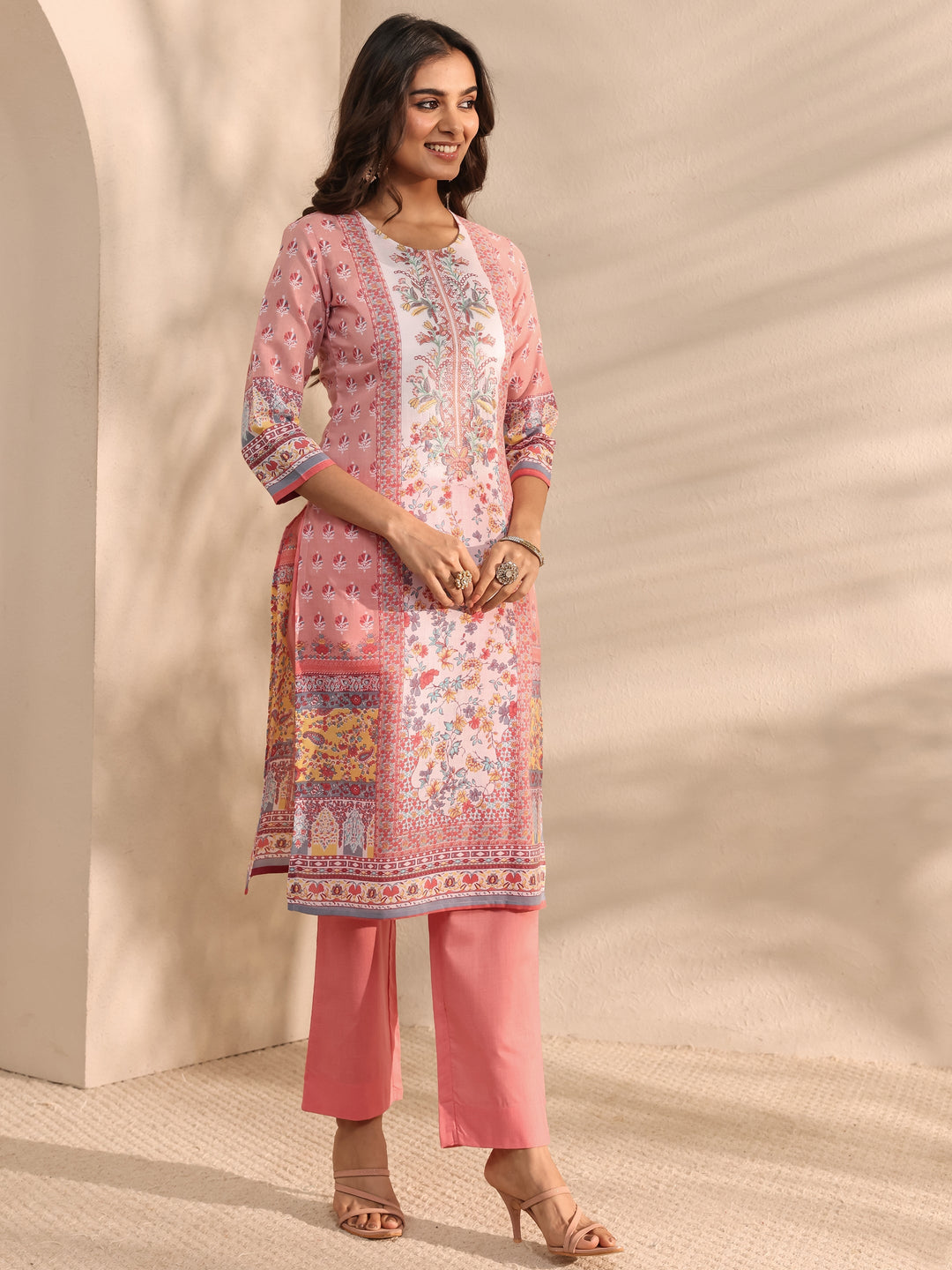  Peach Floral Printed Cotton Blend Straight Suit Set With Dupatta 