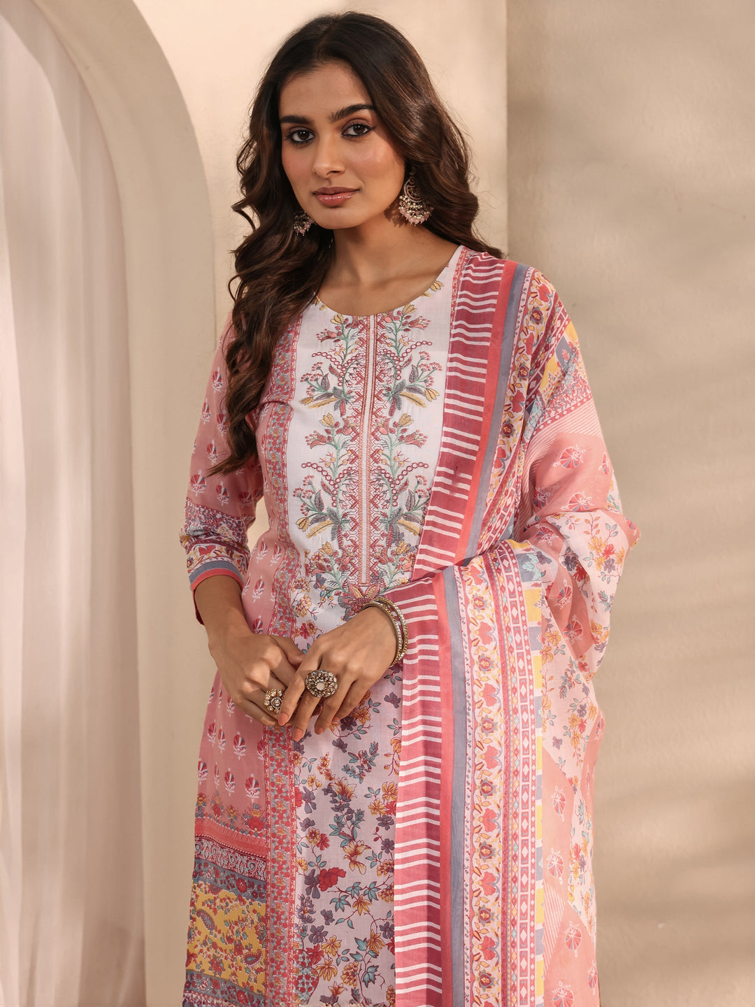  Peach Floral Printed Cotton Blend Straight Suit Set With Dupatta 