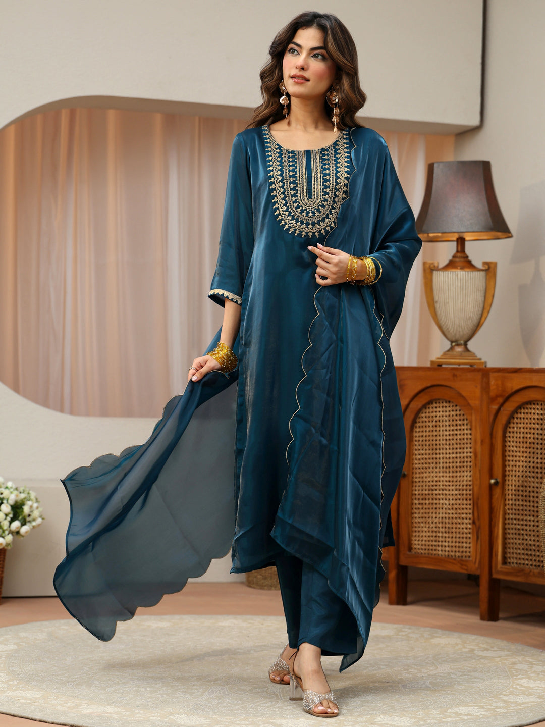  Navy Blue Yoke Design Tissue Straight Suit Set 